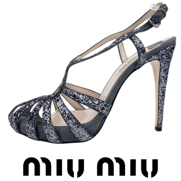 Miu Miu Silver Glitter Strap Sandal Heels / Ardesia / MSRP $956 / Women’s 8.5 - Picture 3 of 16